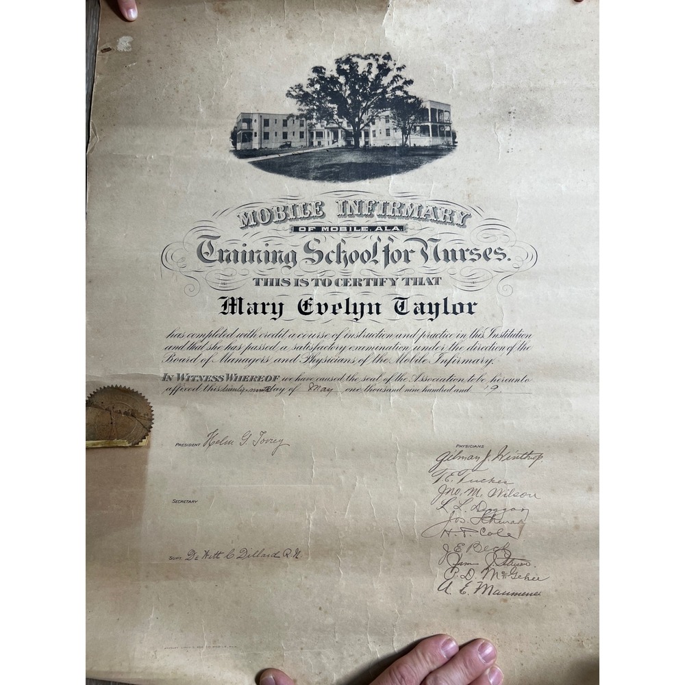 Mobile Infirmary Nursing Diploma 1919 Mary Evelyn Taylor Alabama Vintage Medical